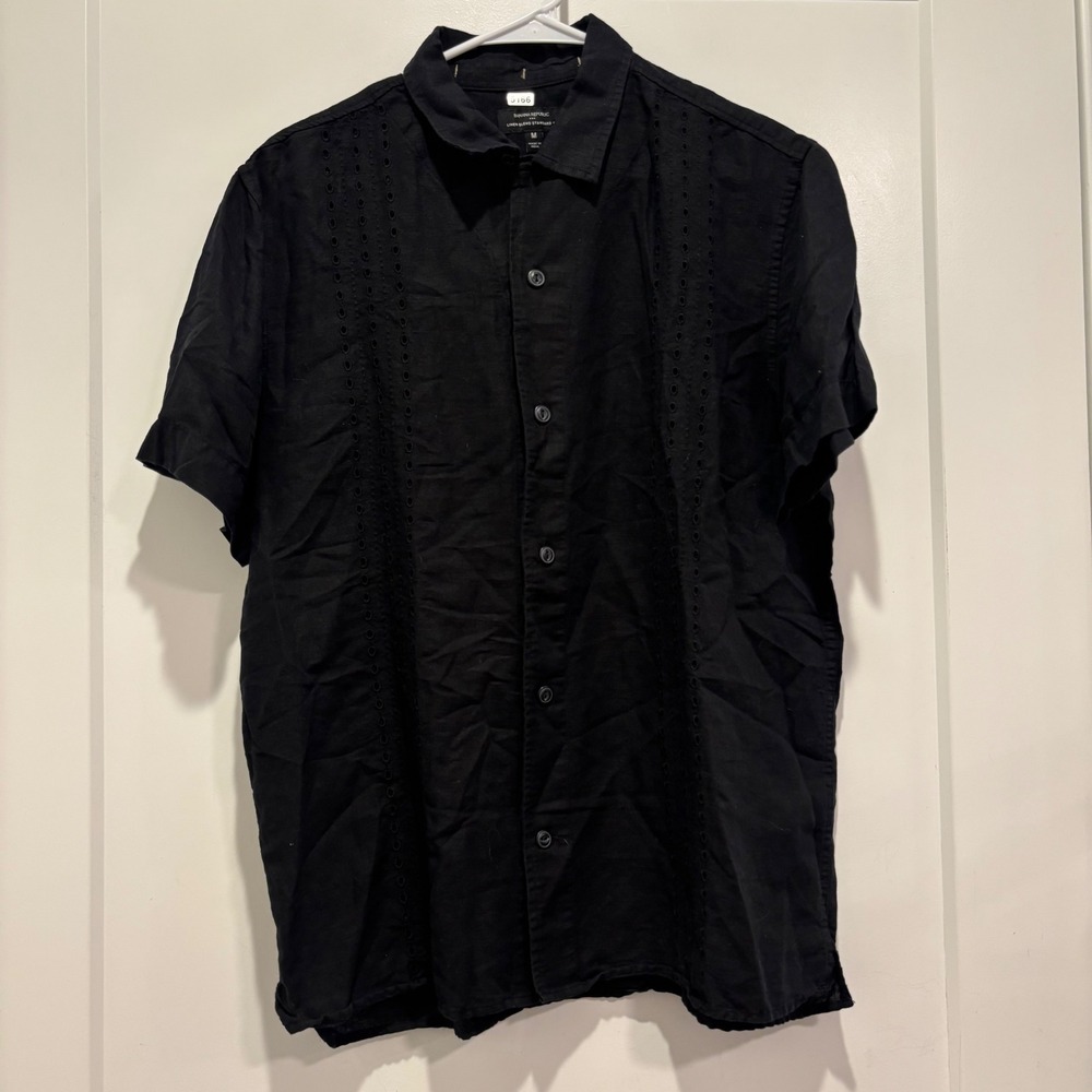 Banana Republic Mens Black Linen Blend Eyelet Standard Fit Short Sleeve Shirt M